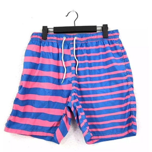 Boardies Mens L Blue Pink Stripe 6" Swim Shorts Elastic Drawstring Waist Pockets - Picture 8 of 10